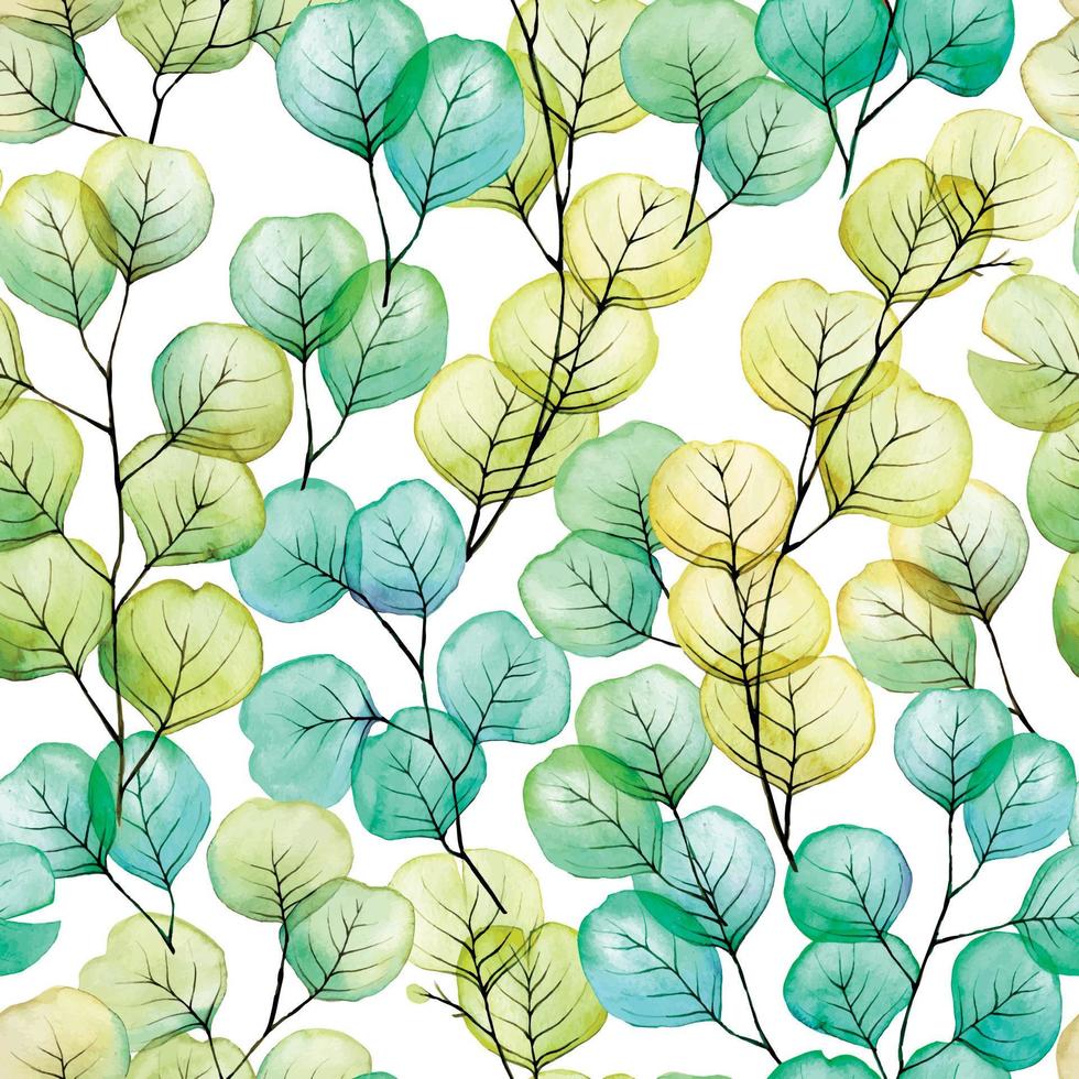 aquarel naadloos patroon met eucalyptusbladeren. transparant gekleurde eucalyptusbladeren van blauwe, groene, gele kleur. moderne print botanische illusie, tropische planten vector