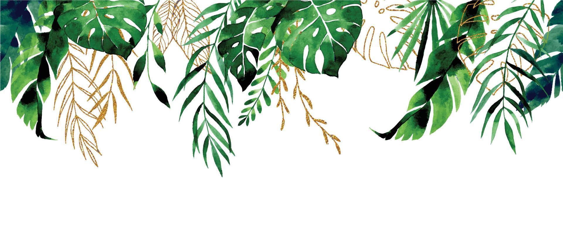 aquarel tekening. naadloze grens, frame van tropische bladeren. gouden en groene bladeren van palm, monstera. regenwoud verlaat webbanner vector