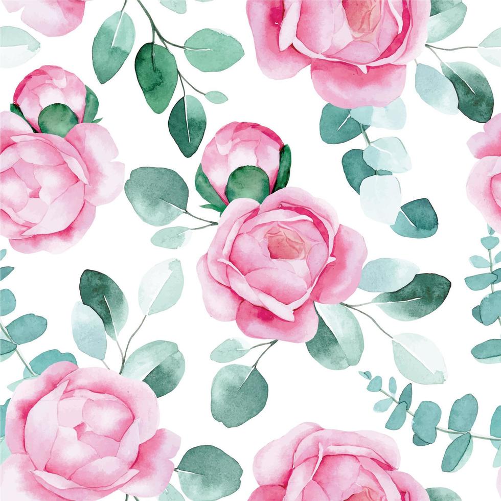 naadloze aquarel patroon. roze pioenroos bloemen en eucalyptus bladeren. vintage delicate print vector