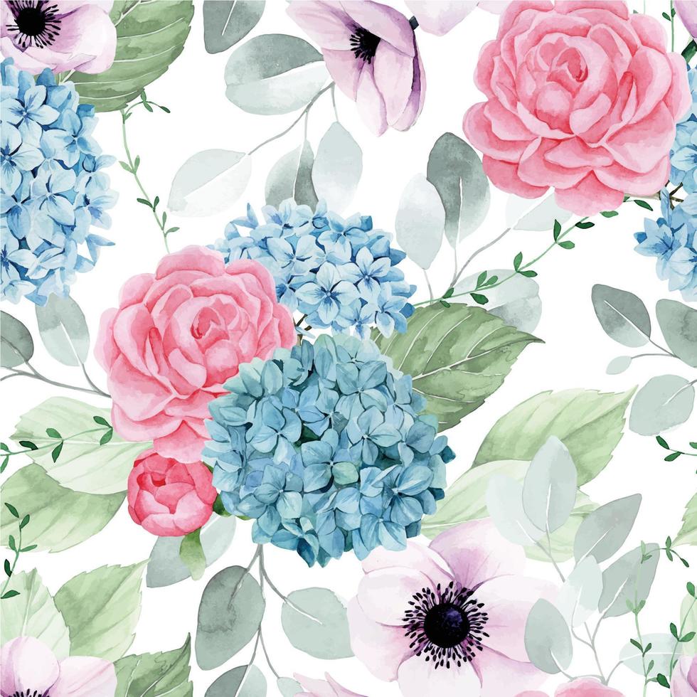 aquarel tekening. naadloos patroon met tuinbloemen. boeketten van roze rozen, pioenrozen, blauwe hortensia's en paarse magnolia's en groene eucalyptusbladeren. geïsoleerd op witte achtergrond vintage afdrukken vector