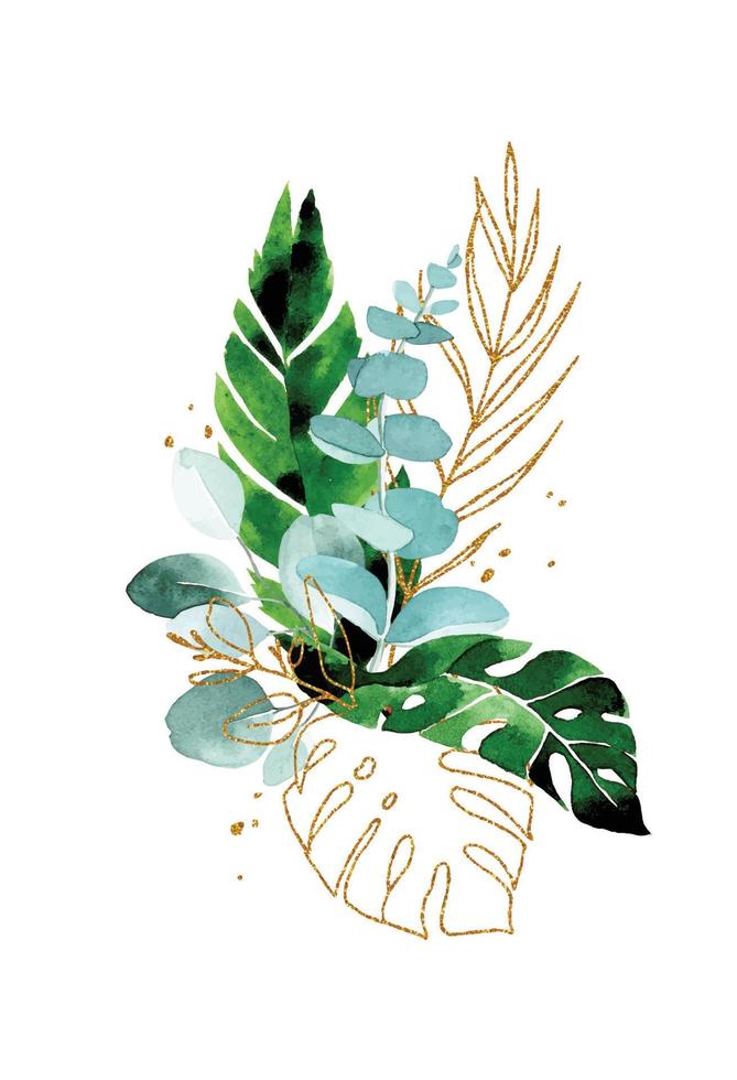 aquarel tekening. boeket van tropische bladeren met gouden glanzende elementen. groene en gouden bladeren van palm, monstera, banaan. compositie, ontwerp vector