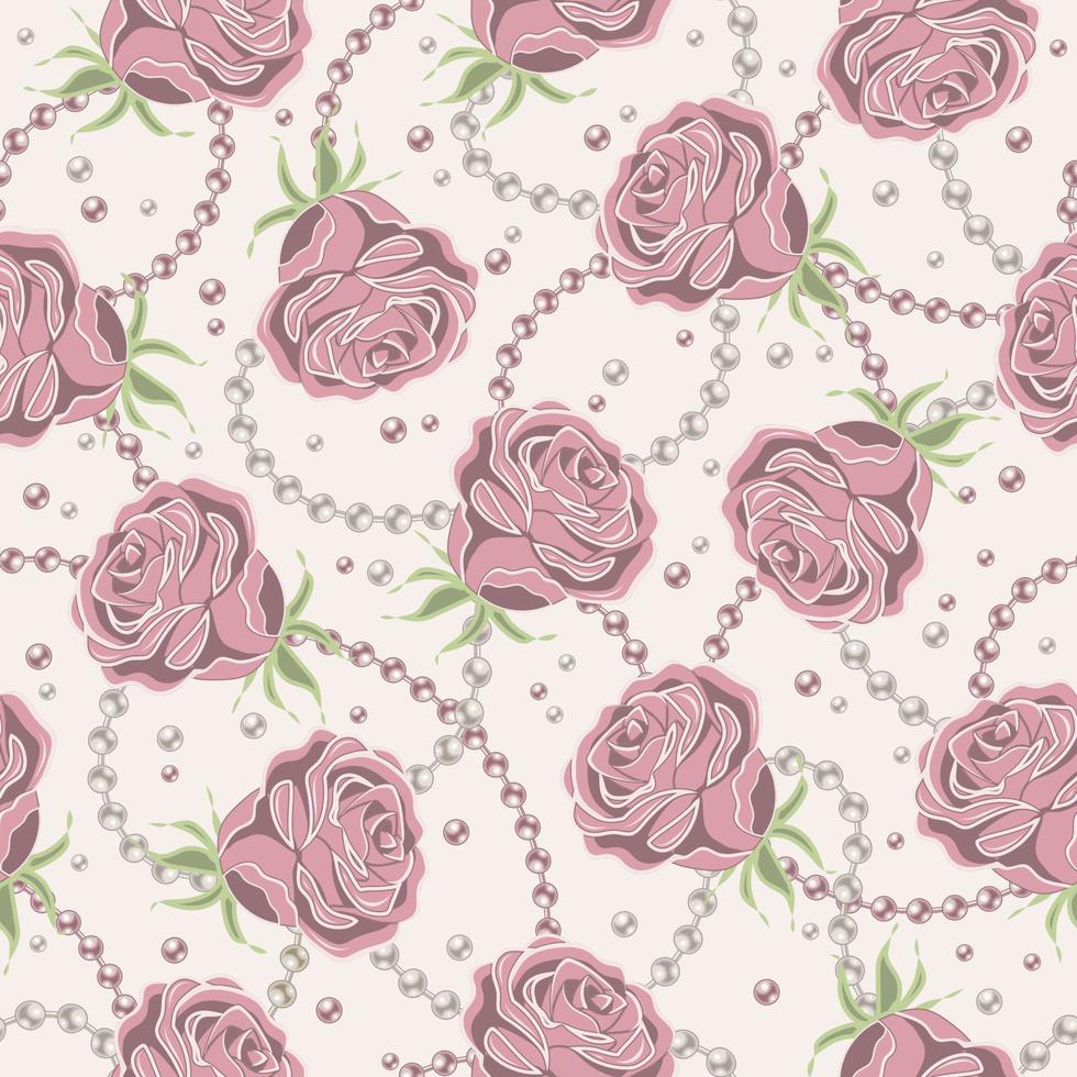 naadloze patroon met bleke roze vintage rozen, parel snaren, parels kralen op een witte achtergrond. vectorillustratie. vector