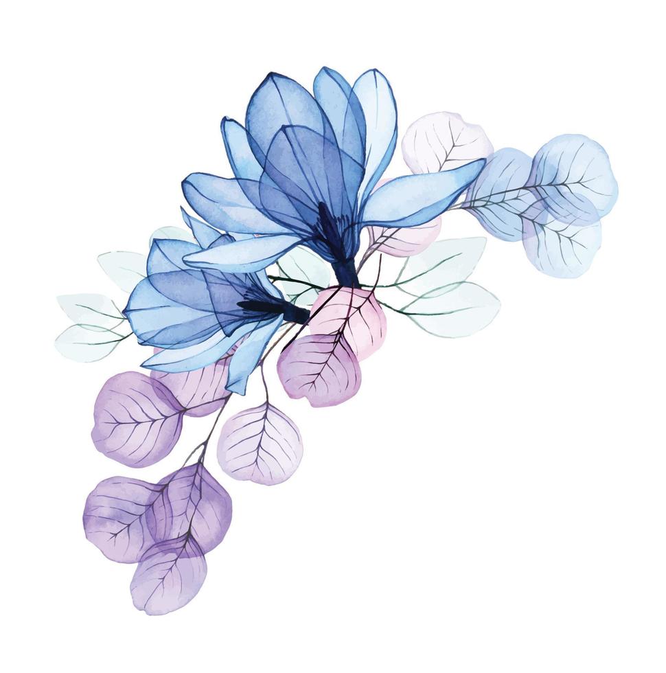 aquarel illustratie, frame, rand van transparante bloemen. transparante magnoliabloemen, roze en blauwe eucalyptusbladeren. vintage design, pastelkleuren. decoratie voor bruiloft, parfumerie, cosmetica; vector