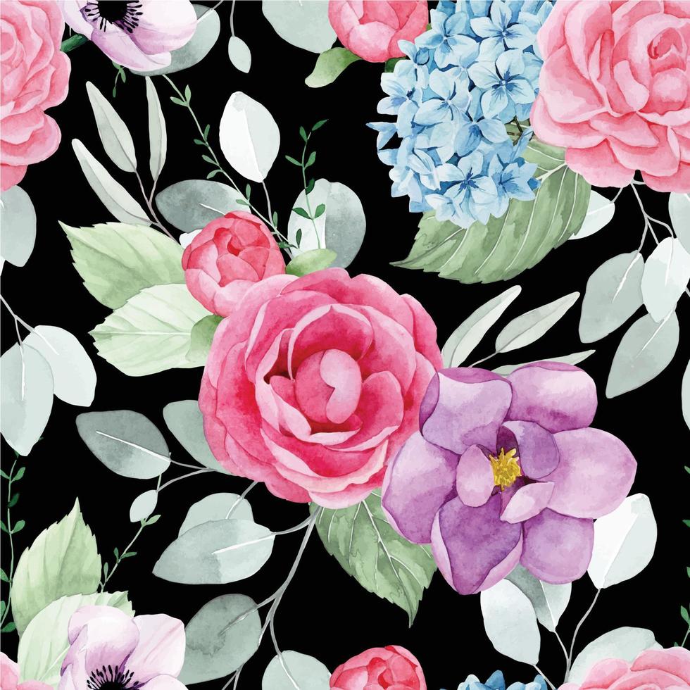 aquarel tekening. naadloos patroon met tuinbloemen. boeketten van roze rozen, pioenrozen, blauwe hortensia's en paarse magnolia's en groene eucalyptusbladeren. geïsoleerd op zwarte achtergrond vintage print vector