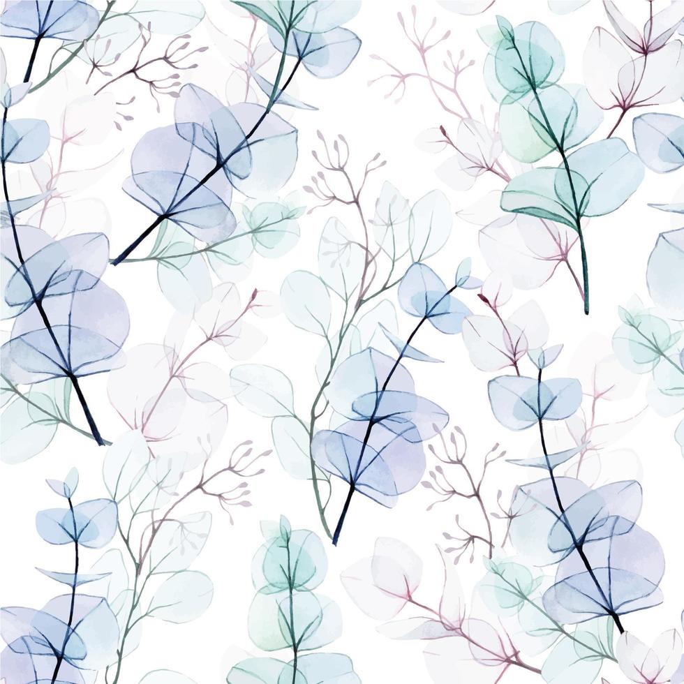 naadloze aquarel patroon met transparante eucalyptus bladeren op een witte achtergrond. eucalyptusbladeren van pastelkleuren roze, blauw, groen, paars. delicaat patroon voor bruiloft, stof, behang vector
