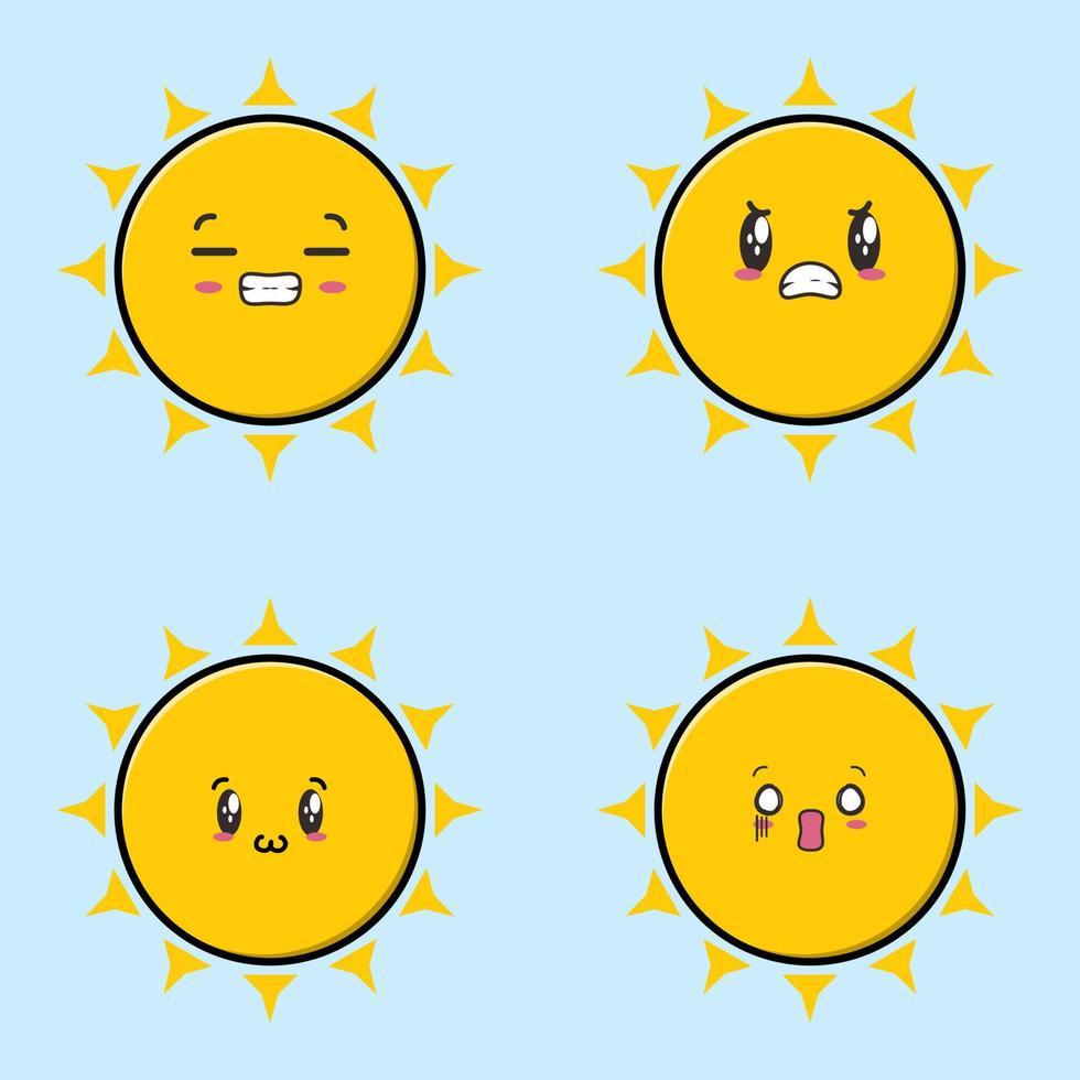 set collectie schattig zon emoticon cartoon pictogram illustratie ontwerp geïsoleerde platte tekenfilms stijl vector