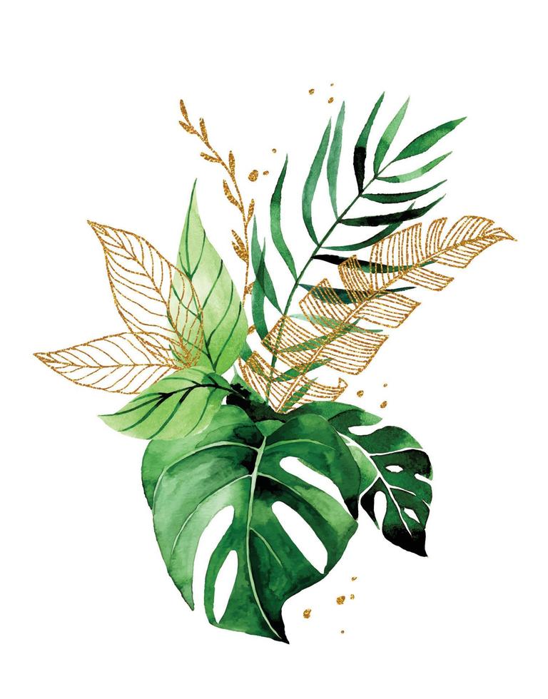 aquarel tekening. boeket, samenstelling van tropische bladeren. gouden en groene bladeren van palm, monstera. regenwoud bladeren vector