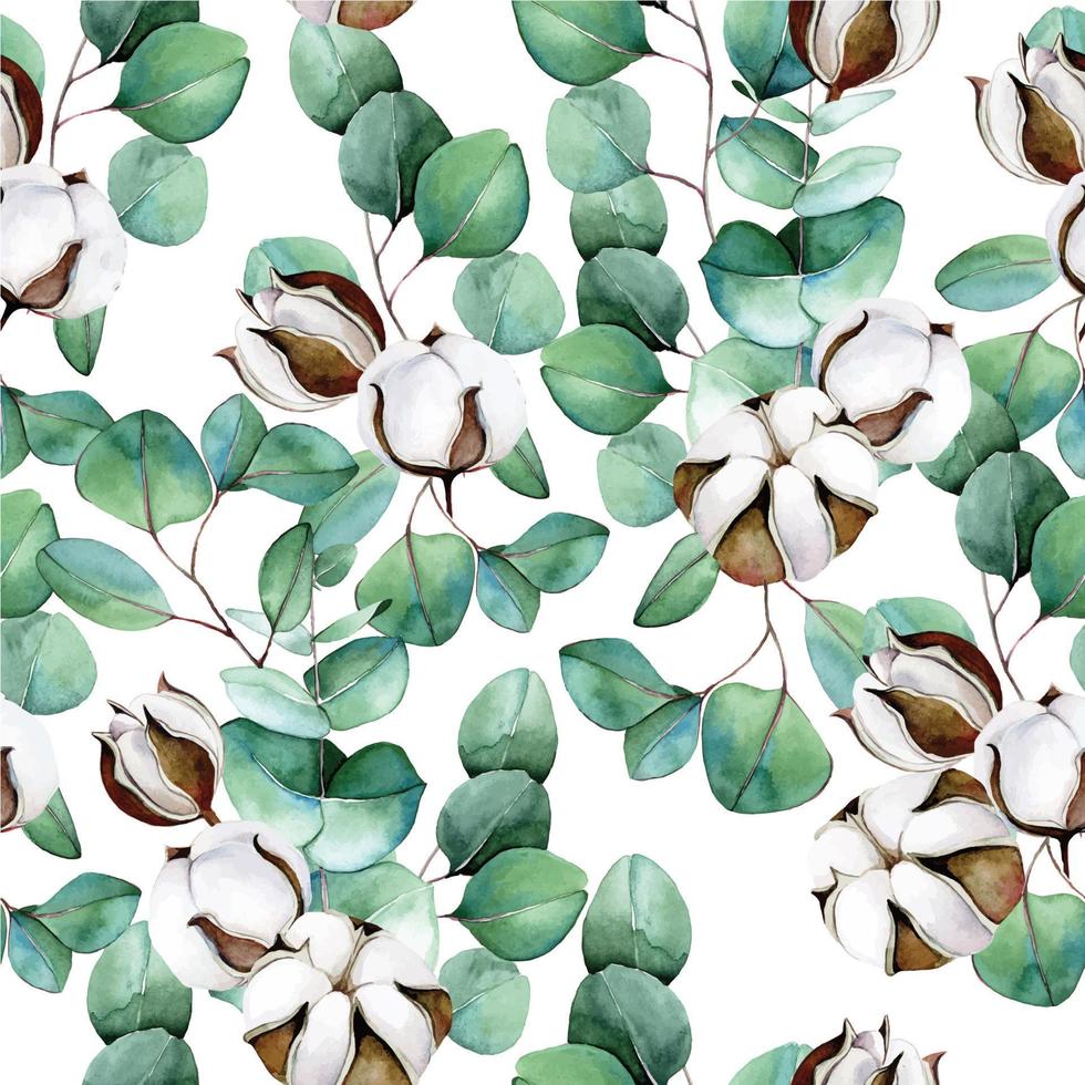 aquarel naadloze patroon met groene eucalyptus bladeren en katoen bloemen op witte achtergrond. patroon in eco, boho-stijl. print voor behang, stof, inpakpapier. vector