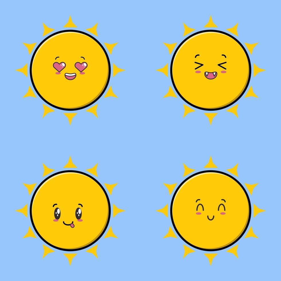 set collectie schattig zon emoticon cartoon pictogram illustratie ontwerp geïsoleerde platte tekenfilms stijl vector