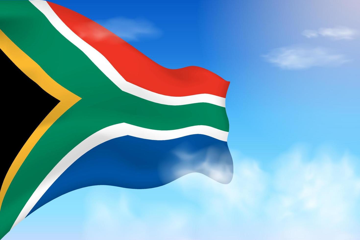 vlag van zuid-afrika in de wolken. vector vlag zwaaien in de lucht. nationale dag realistische vlag illustratie. blauwe hemelvector.