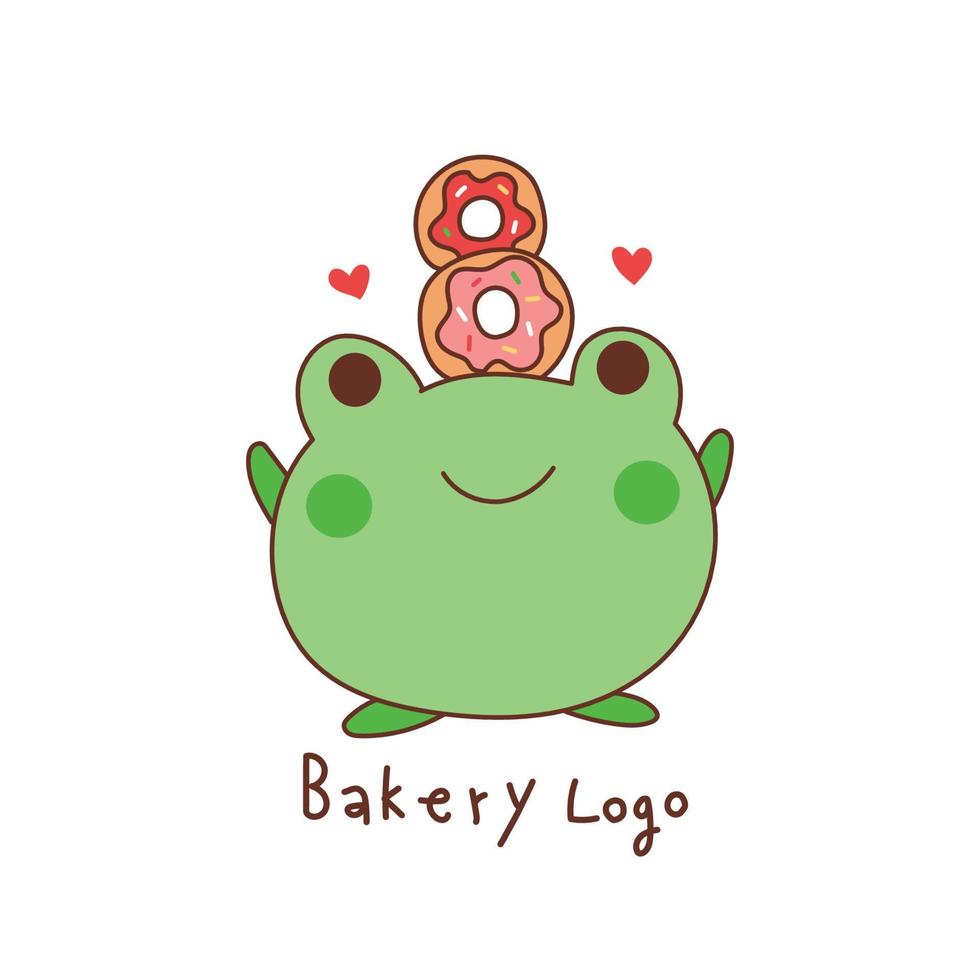 schattige kikker met donut op het hoofd. bakkerij logo cartoon. vector