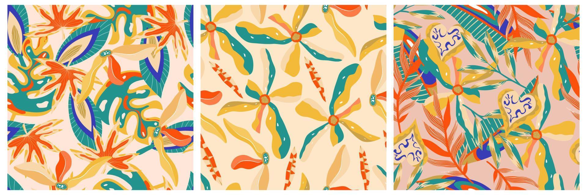 esthetische boho jungle naadloze patroon ingesteld voor printontwerp. boho botanische collectie tropische bloemen achtergrond. modern exotisch bloemenjunglepatroon. geometrische textuur. print ontwerp. vector