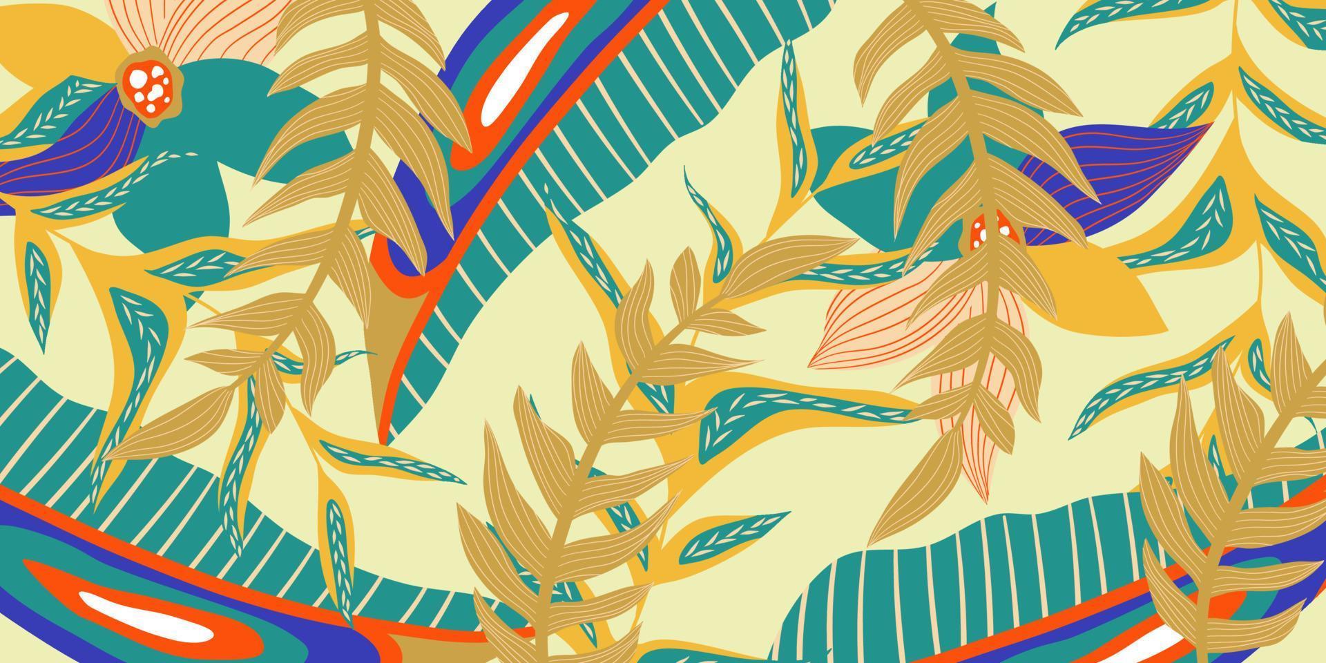 abstracte esthetische achtergrond boho jungle met tropische bladeren. boho jungle in moderne stijl. etnische blad bloemen achtergrondart. eigentijds handgetekend plat ontwerp. abstracte tropische kunst vector