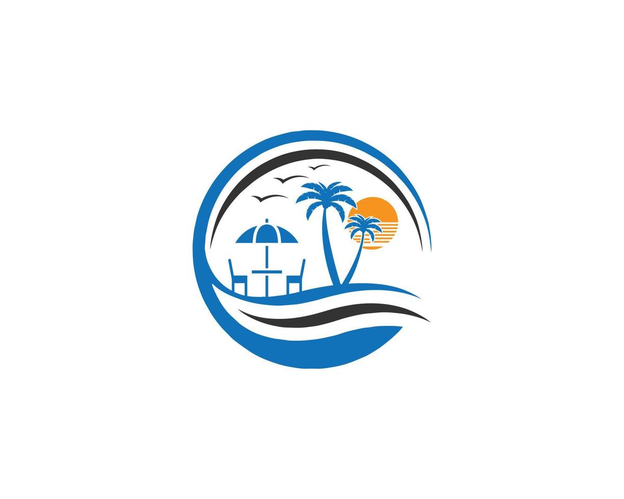 strand zon vakantie en palmboom combinatie logo-ontwerpsjabloon concept vector. vector