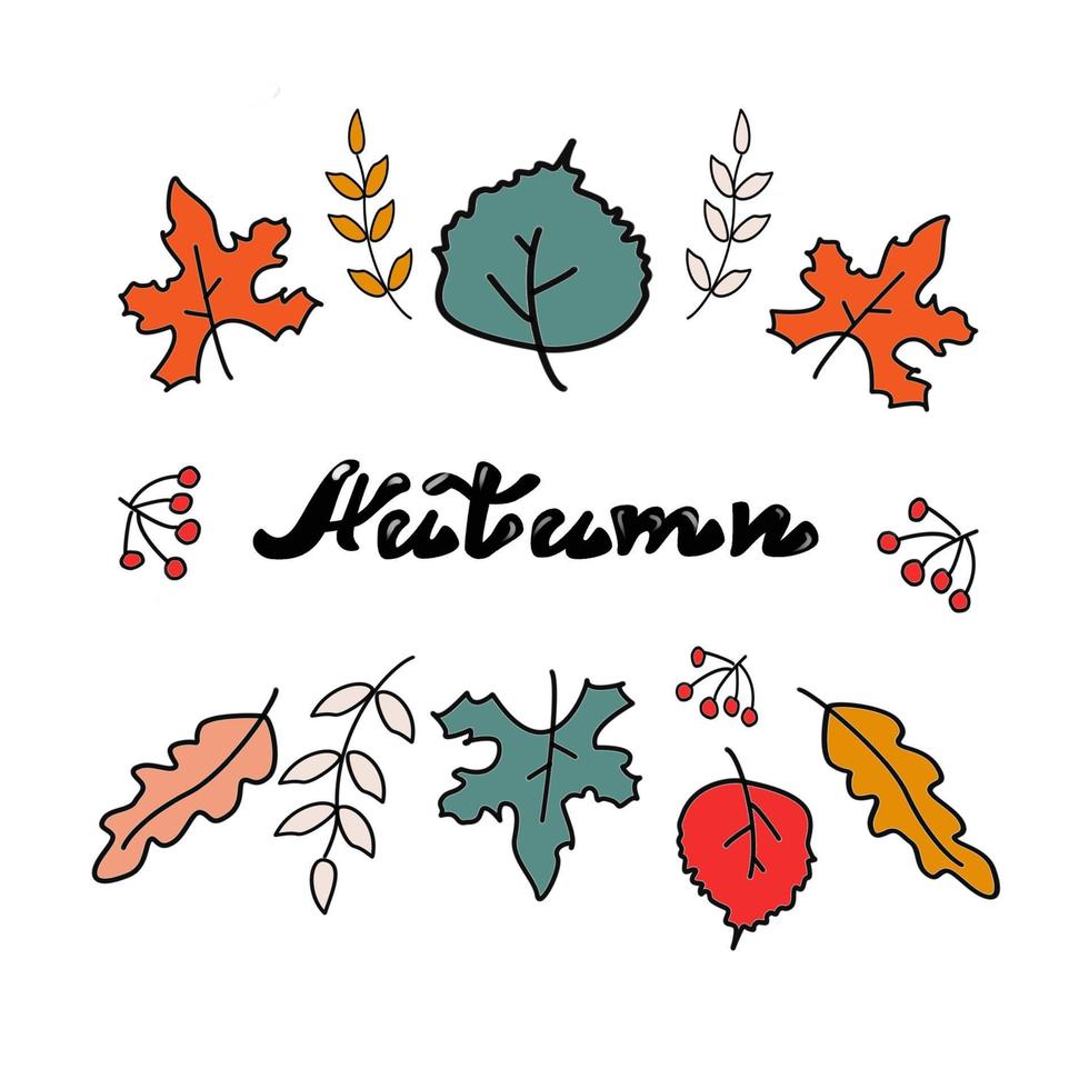 herfstletters met gekleurde herfstbladeren in doodle-stijl vector