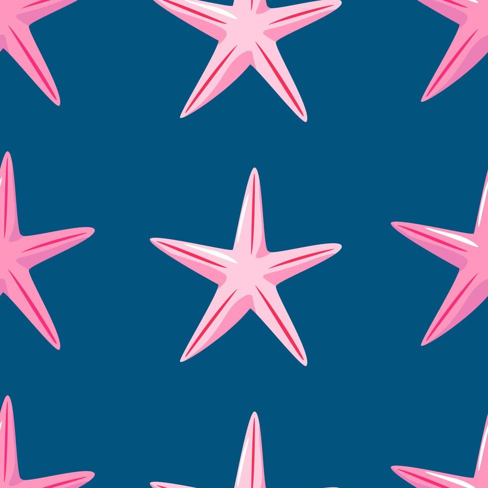 vector handgetekende naadloze herhalend eenvoudig patroon met roze zeester op een blauwe achtergrond. vector achtergrond met mariene thema. roze zeester op een patroon voor textiel, behang, achtergrond. zee.