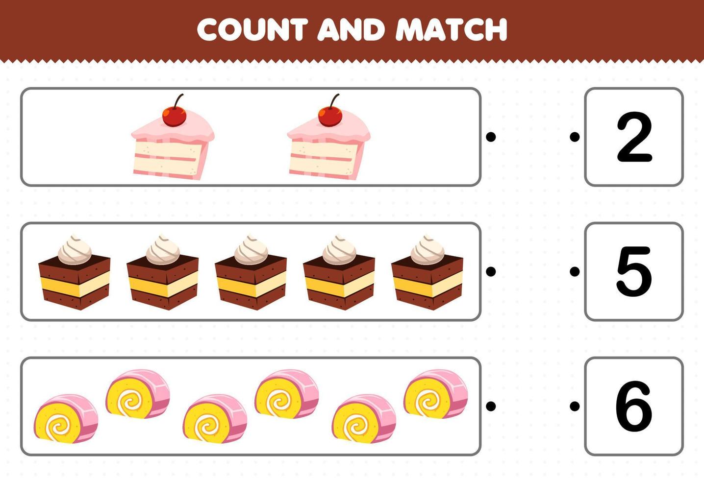 educatief spel voor kinderen tellen en matchen tel het aantal cartoonvoedselcake en match met de juiste nummers afdrukbaar werkblad vector