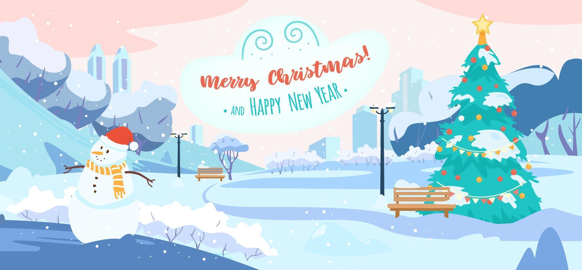 winterparklandschap met sneeuwpop, stadssilhouet, kerstboom, besneeuwde bomen, bank. prettige kerstdagen en gelukkig nieuwjaarskaart. platte vectorillustratie. vector