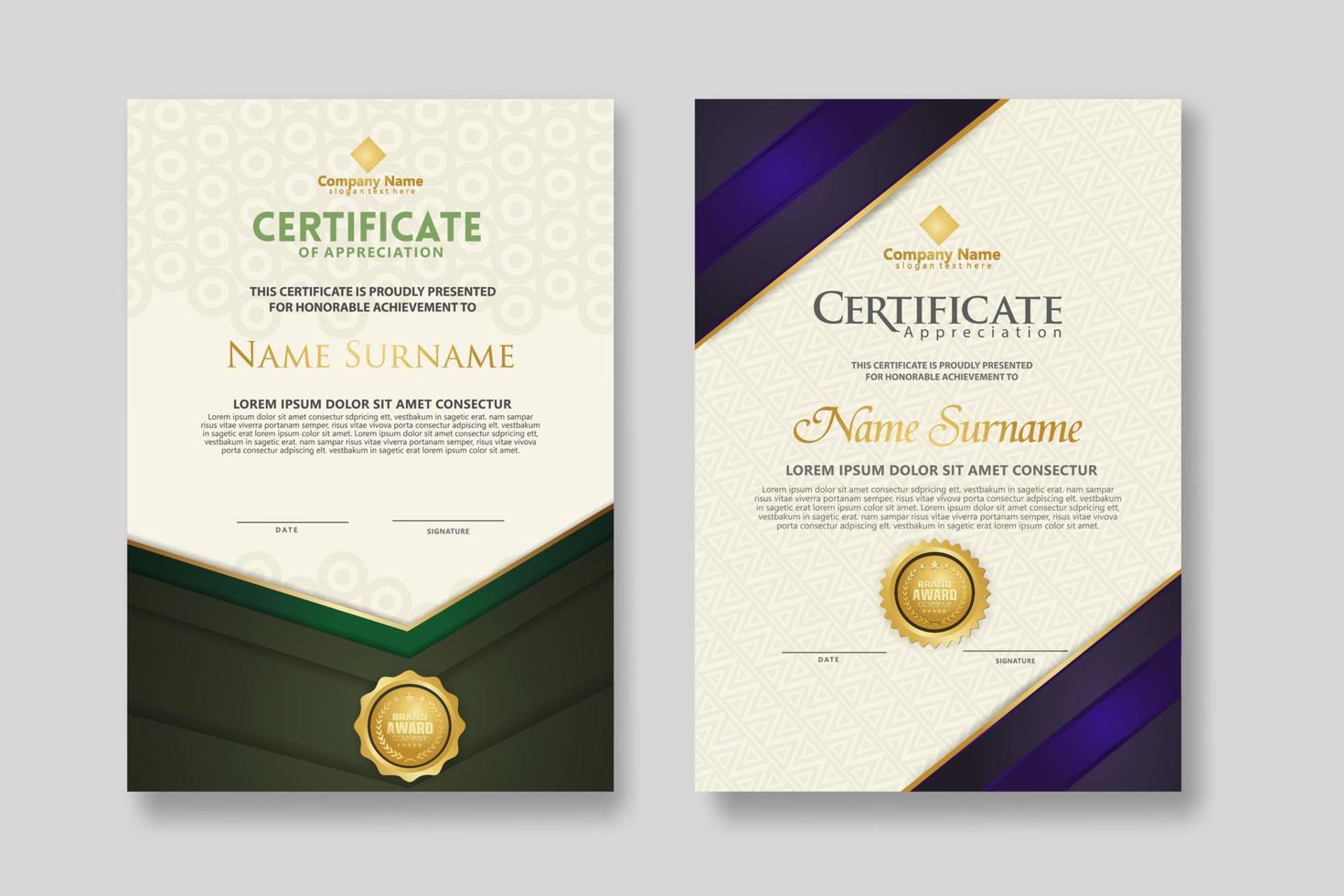 certificaatsjabloon met luxe badge en elegantie moderne patroon achtergrond. voor waardering, prestaties, prijzen, zaken en onderwijsbehoeften. vector illustratie