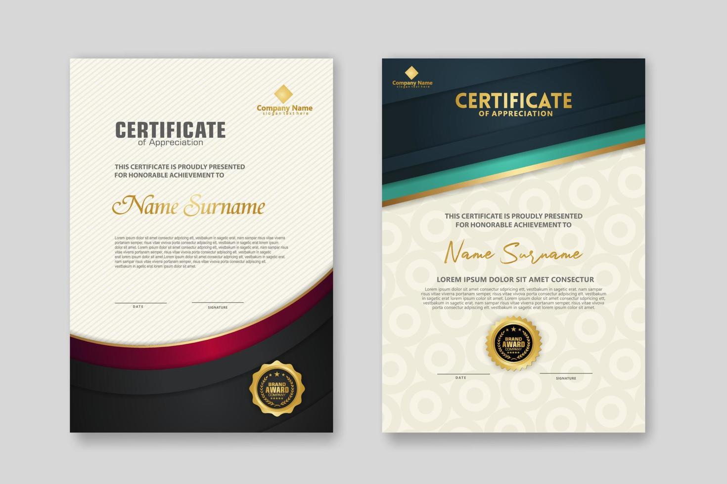 certificaatsjabloon met luxe badge en elegantie moderne patroon achtergrond. voor waardering, prestaties, prijzen, zaken en onderwijsbehoeften. vector illustratie