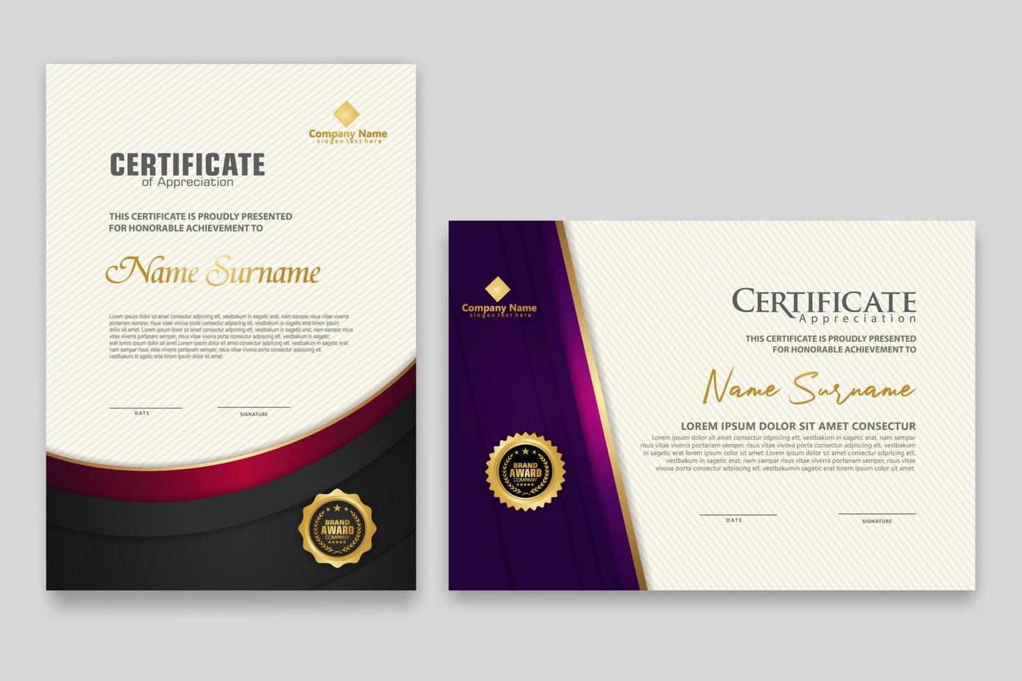 certificaatsjabloon met luxe badge en elegantie moderne patroon achtergrond. voor waardering, prestaties, prijzen, zaken en onderwijsbehoeften. vector illustratie