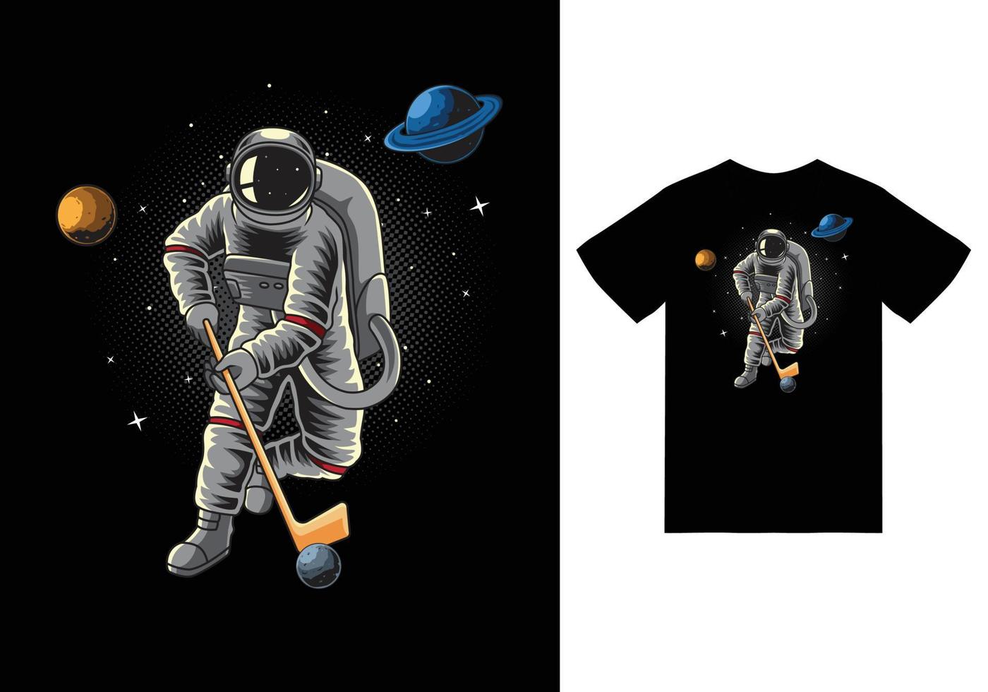astronaut hockey spelen in de ruimte illustratie met tshirt design premium vector
