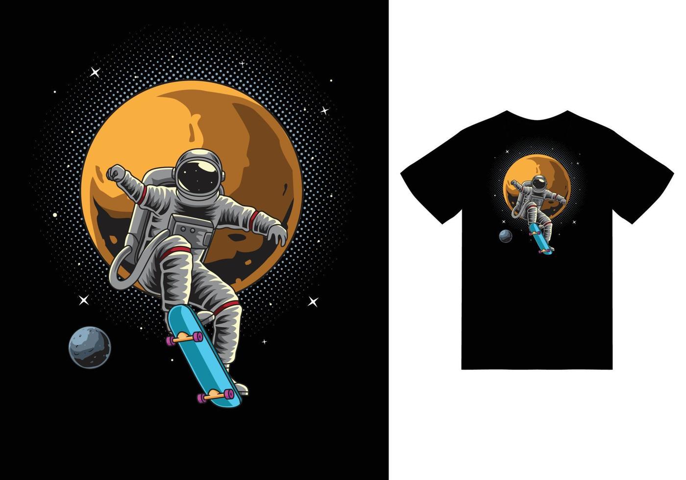 astronaut skateboard spelen in de ruimte illustratie met tshirt design premium vector