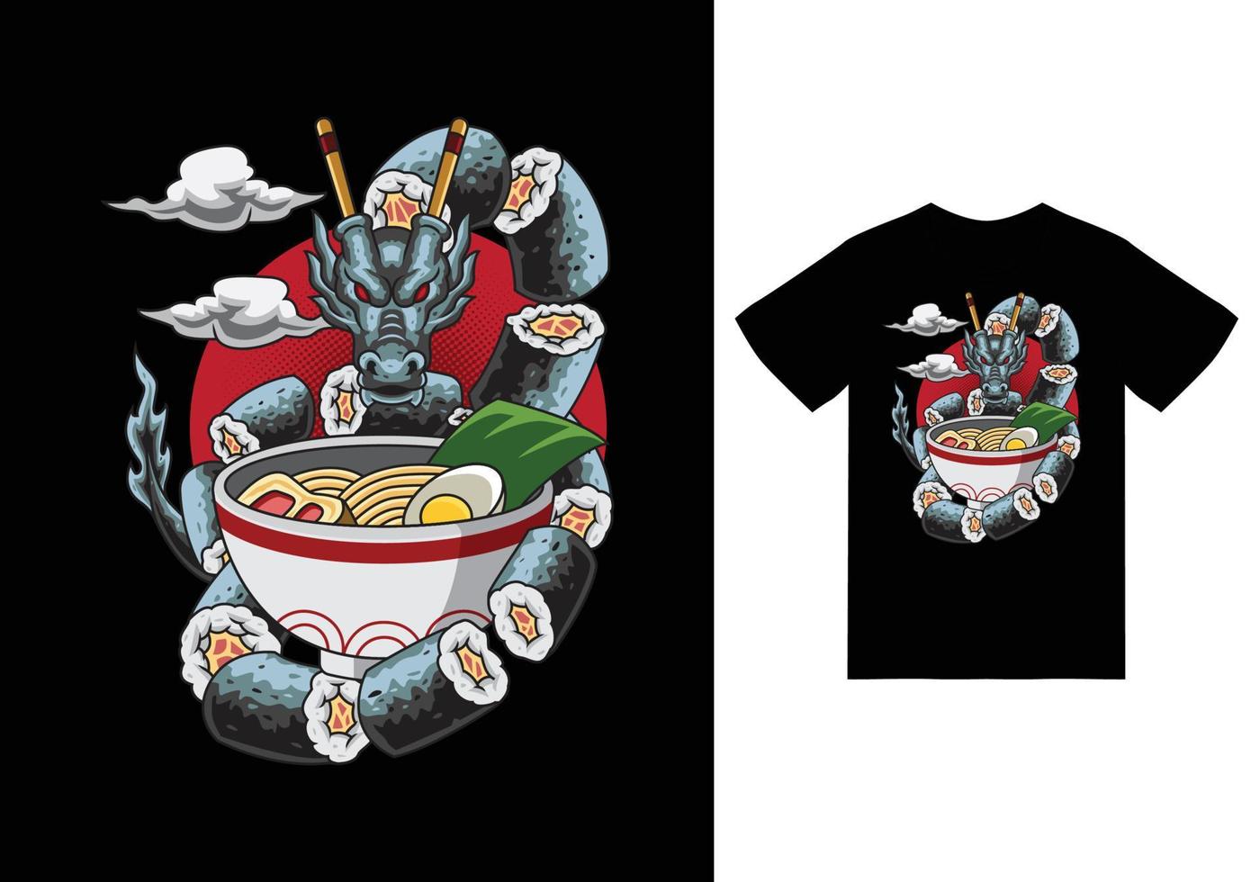 draak sushi ramen illustratie met tshirt ontwerp premium vector