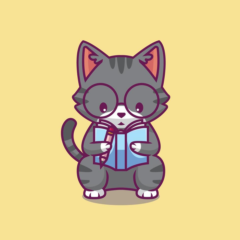 schattige kat lezen boek cartoon afbeelding vector