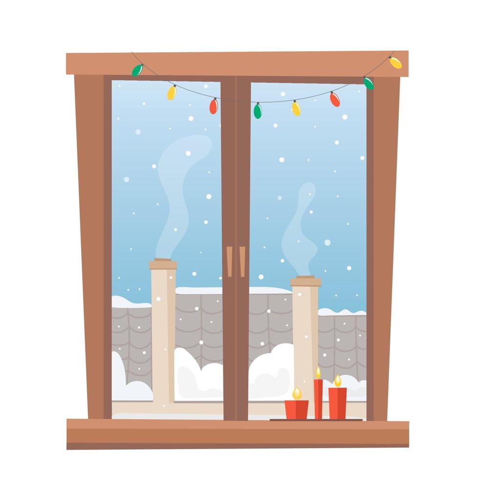 Windows-venster met sneeuwdaken en kerstverlichting en kaarsen op een witte geïsoleerde achtergrond vector