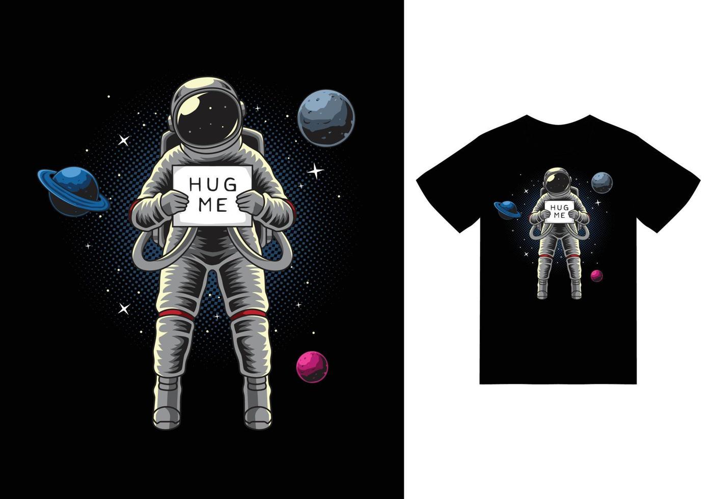 astronaut met bord in de ruimte illustratie met tshirt ontwerp premium vector