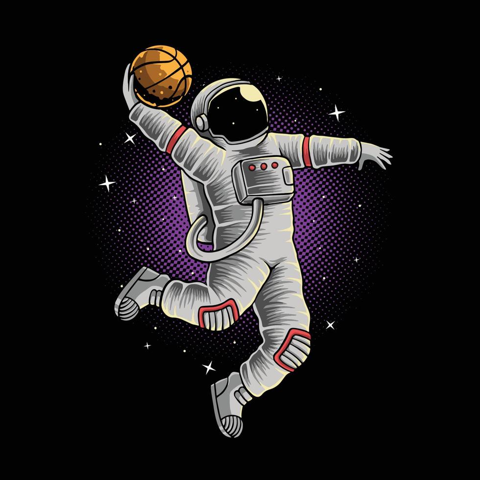 astronaut basketbal slam dunk in de ruimte illustratie premium vector