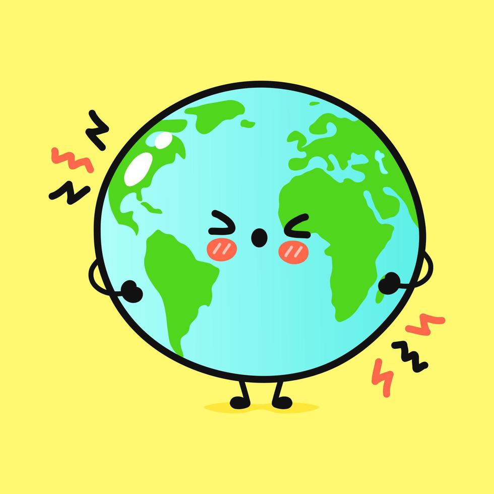 schattig boos planeet aarde karakter. vector hand getekend cartoon kawaii karakter illustratie pictogram. geïsoleerd op gele achtergrond. triest planeet aarde karakter concept