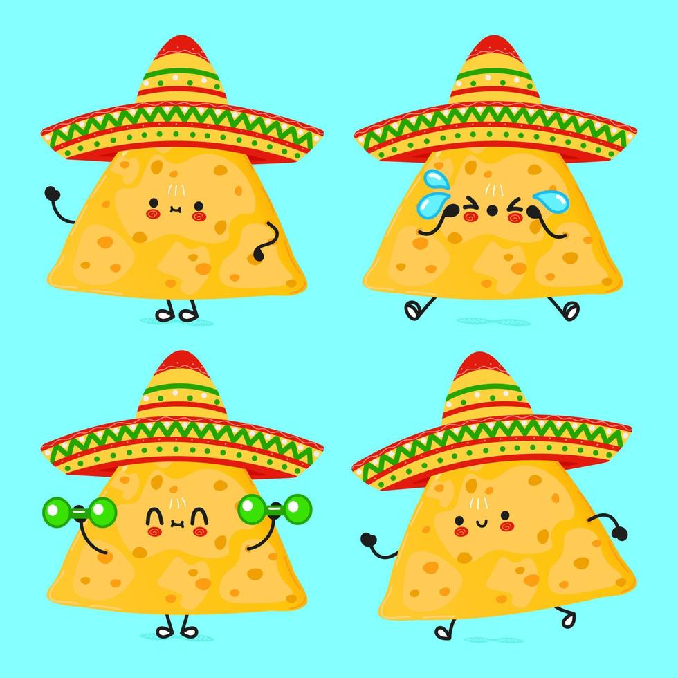 grappige schattige gelukkige nachos karakters bundel set. vector hand getrokken doodle stijl cartoon karakter illustratie pictogram ontwerp. schattige nacho's mascotte karakterverzameling