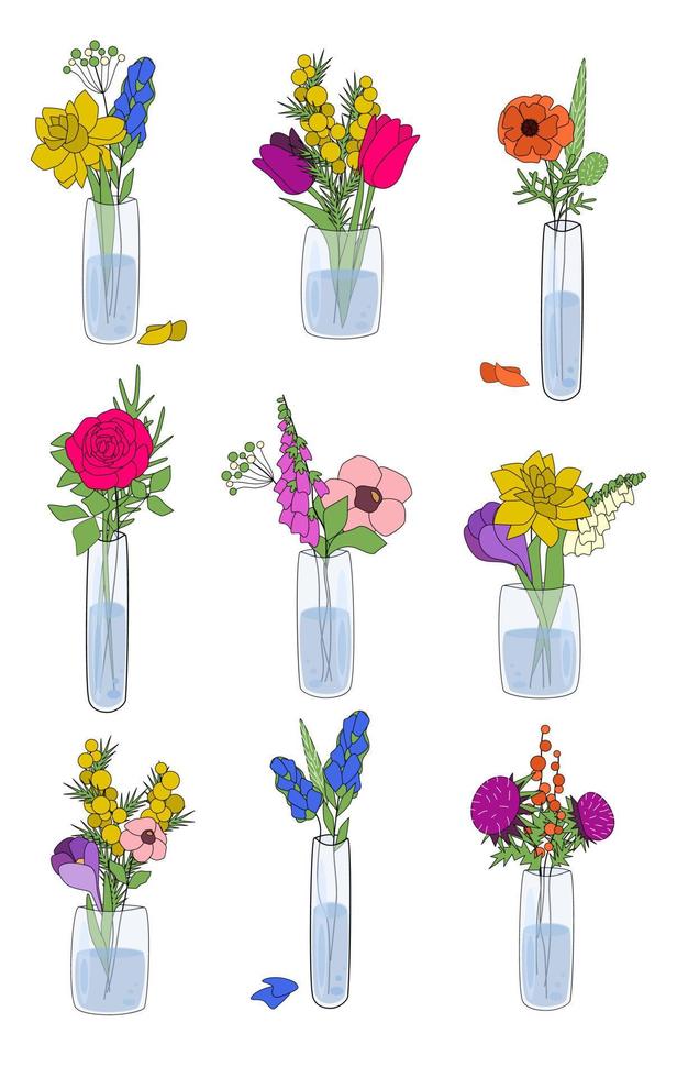 grote reeks hand getrokken schets bloemen boeketten in vaas voor ontwerp, decoratie, kaarten, posters, uitnodigingen, web, pictogrammen. vectorillustratie. vector