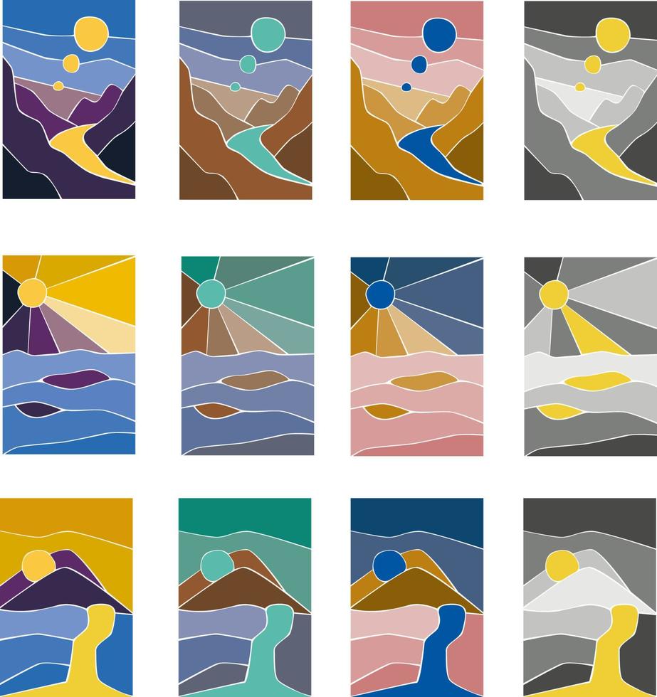 abstracte landschap kleurrijke achtergrond. gebrandschilderd glas effect art poster set van vectorillustratie vector