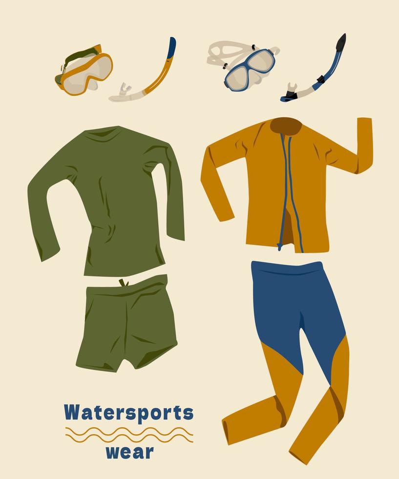 wetsuit, masker en snorkelset. kleding met lange mouwen voor watersport. badpakken shorts en leggings. vectorillustratie. vector