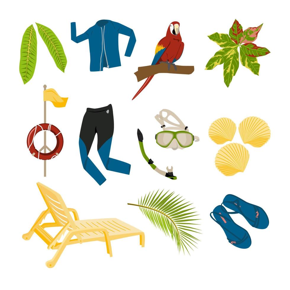 zomer items instellen van tropische planten, papegaai, zwempak om te surfen, zwemmen masker, snorkel, schelpen, ligstoel, slippers, reddingsboei geïsoleerd, actieve vakantie objecten vector illustratie