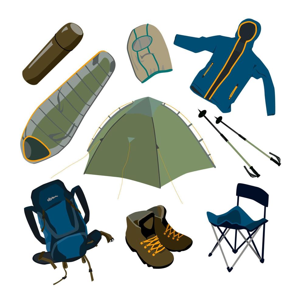 outdoor uitrusting camping wandelartikelen, slaapzak, tent, rugzak, toeristische thermoskan, trekkingstokken, laarzen, campingstoel buitenkleding vector