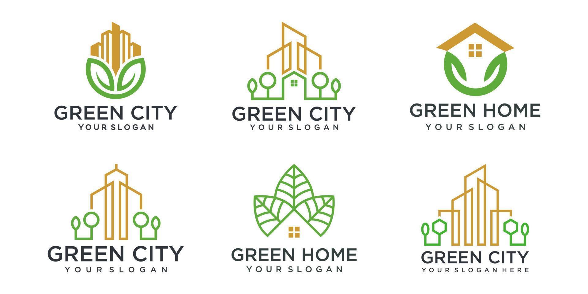 abstracte groene stad gebouw logo ontwerpconcept. symbool icoon van woningen, appartement en stad. vector