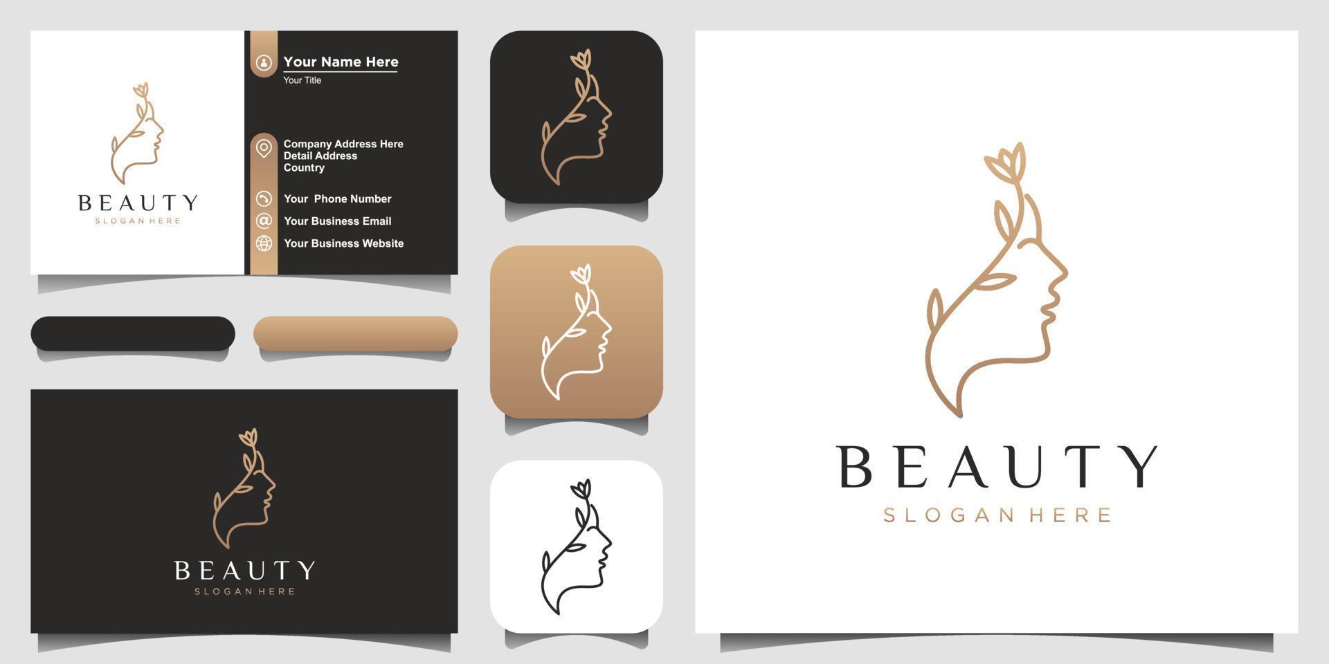 mooie vrouw gezicht bloem ster met lijn kunststijl logo en visitekaartje ontwerp. abstract ontwerpconcept voor schoonheidssalon, massage, tijdschrift, cosmetica en spa. vector