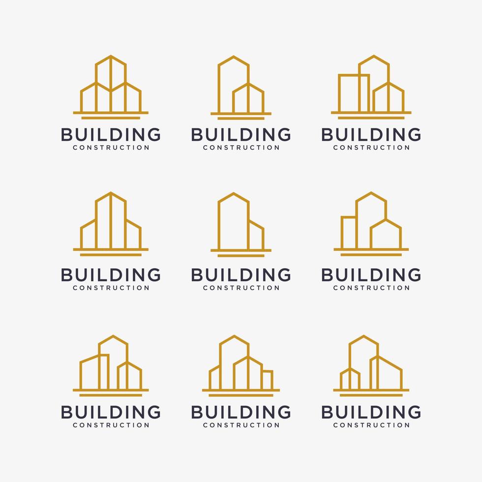 set gouden gebouw logo ontwerpen. constructie logo-ontwerp met lijn kunststijl. vector