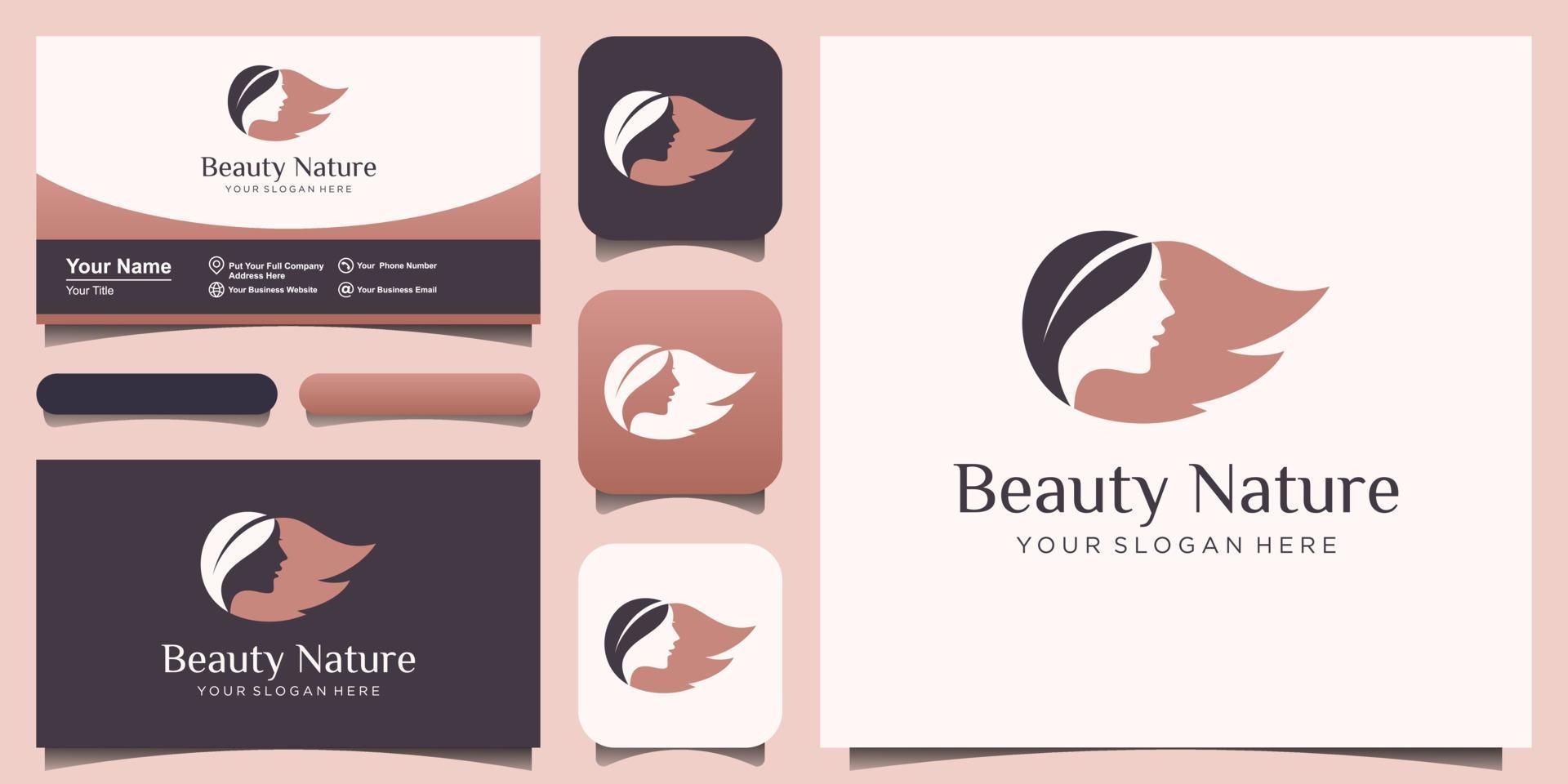 vrouw gezicht en haar blad salon logo ontwerp vector