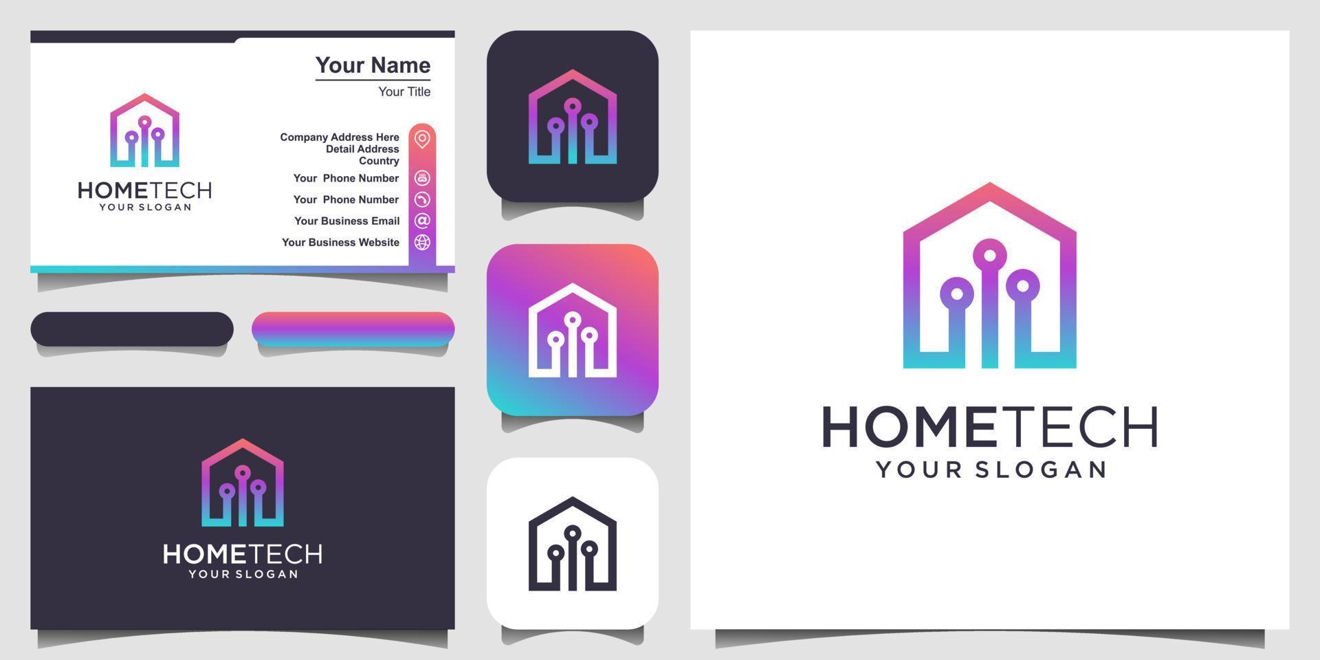 abstracte home tech met lijn art stijl logo en visitekaartje ontwerp. het logo wordt gebruikt voor thuistechnologie, smart home-bedrijven. vector