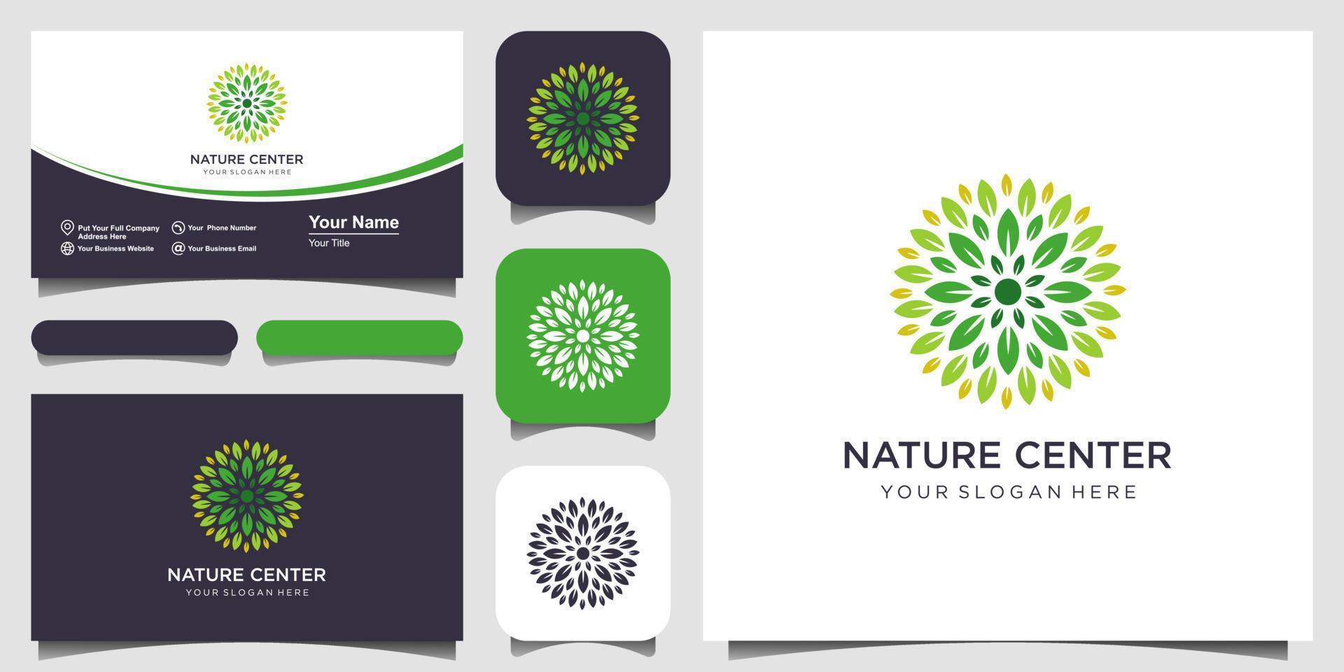 natuurcentrum logo met blad en roos lijn kunststijl logo en visitekaartje ontwerp. logo voor schoonheid, cosmetica, yoga en spa vector