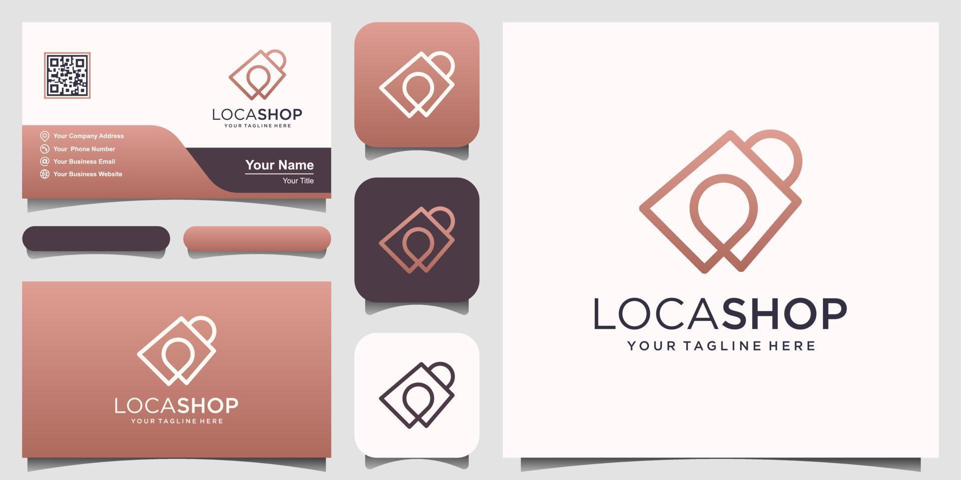 winkellocatie logo-ontwerpsjabloon, tas gecombineerd met pinkaarten. vector