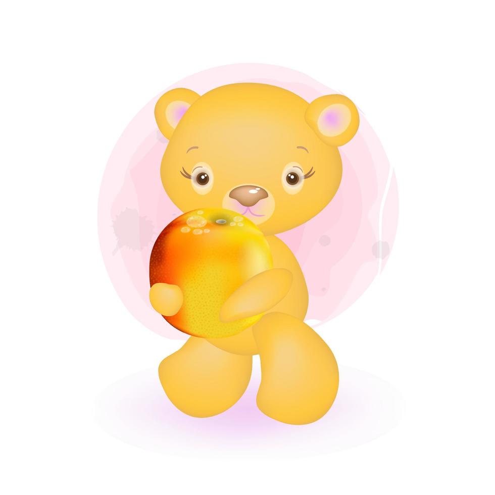vectorillustratie van een schattige kleine beer die een sinaasappel vasthoudt vector