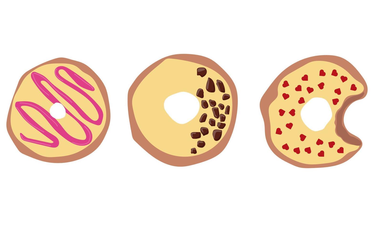 set van drie donuts met gele suikerglazuur donut pictogram, vectorillustratie. vector