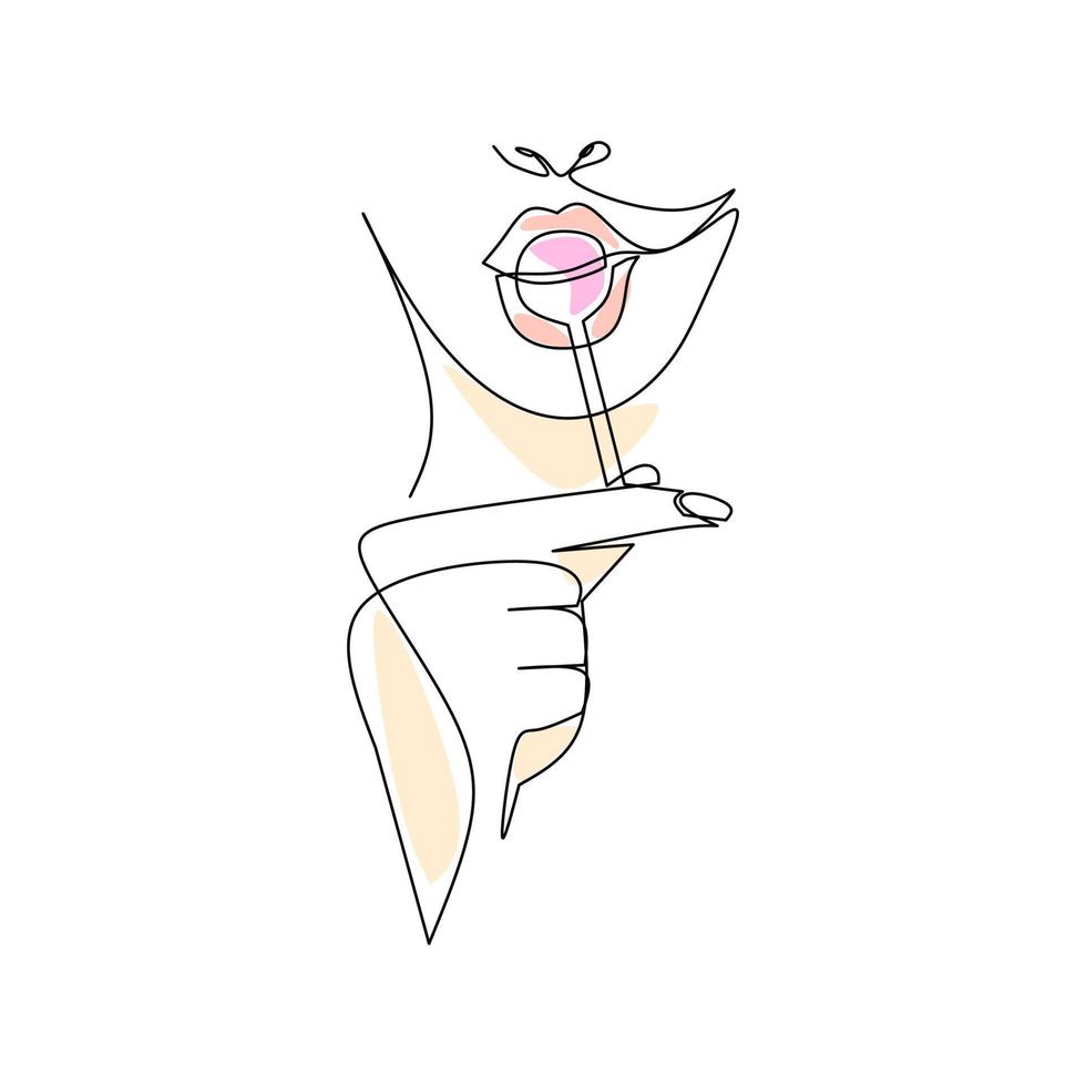 vectorillustratie van een vrouw die een lolly eet, getekend in lijnkunststijl vector