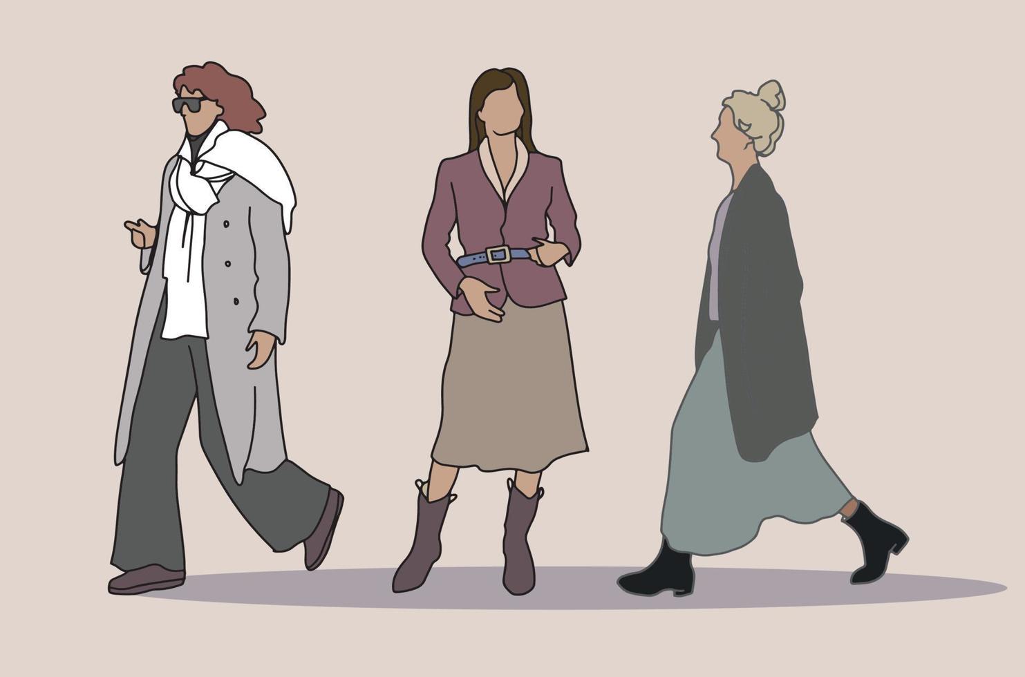 casual vrouwen vectorillustratie. verschillende stripfiguren, personen die verschillende stijlvolle kleding in casual stijl dragen vector